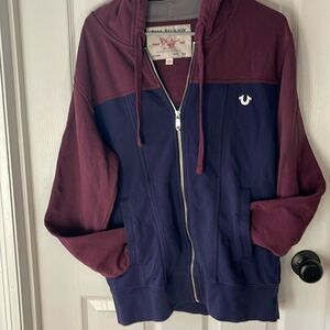 True Religion burgundy and navy zip front hoodie